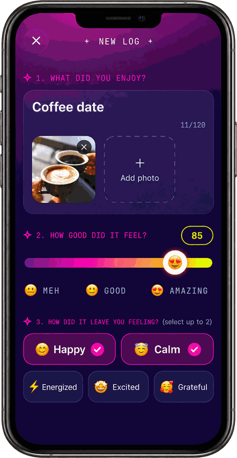 HeDonist journal screen with a photo, a joy rating, and a record of how a moment felt